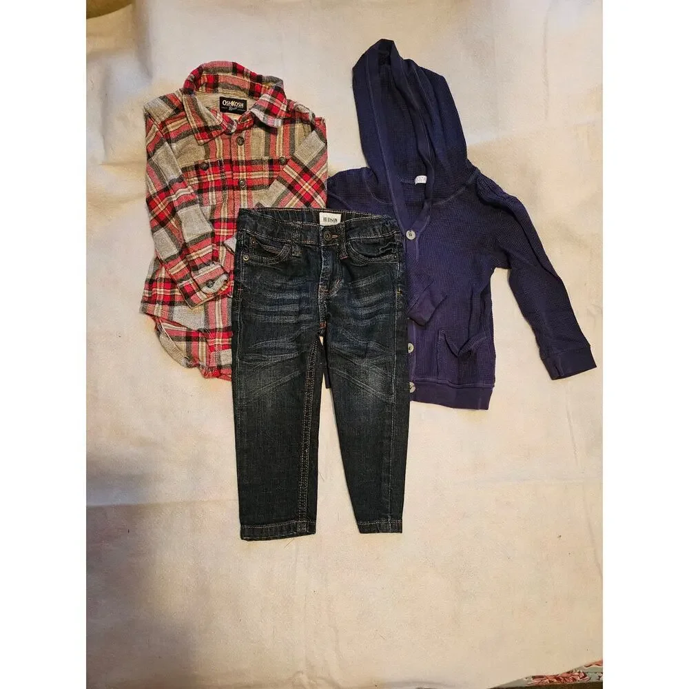 3 pieces - 18m Hudson jeans, 18m Osh Kosh flannel onesie, 12-18m cozii top